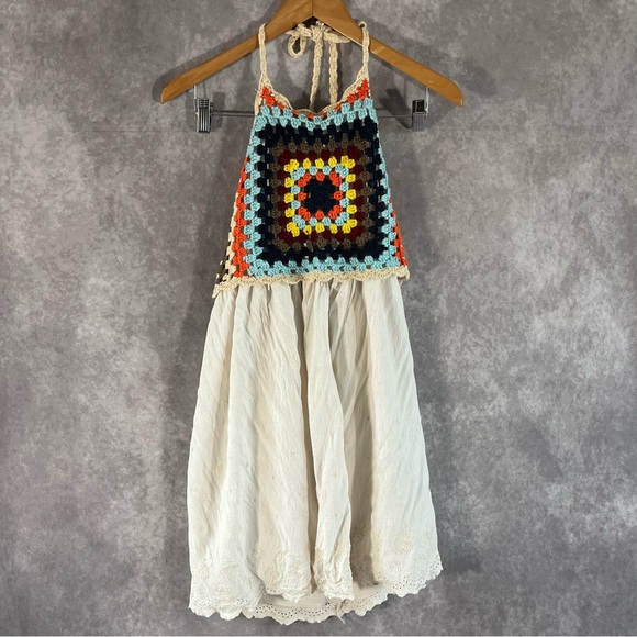 Hummingbird Dresses & Skirts - Hummingbird Mini Dress Women Large Ivory Crochet Embroider Open Back Hippie Boho